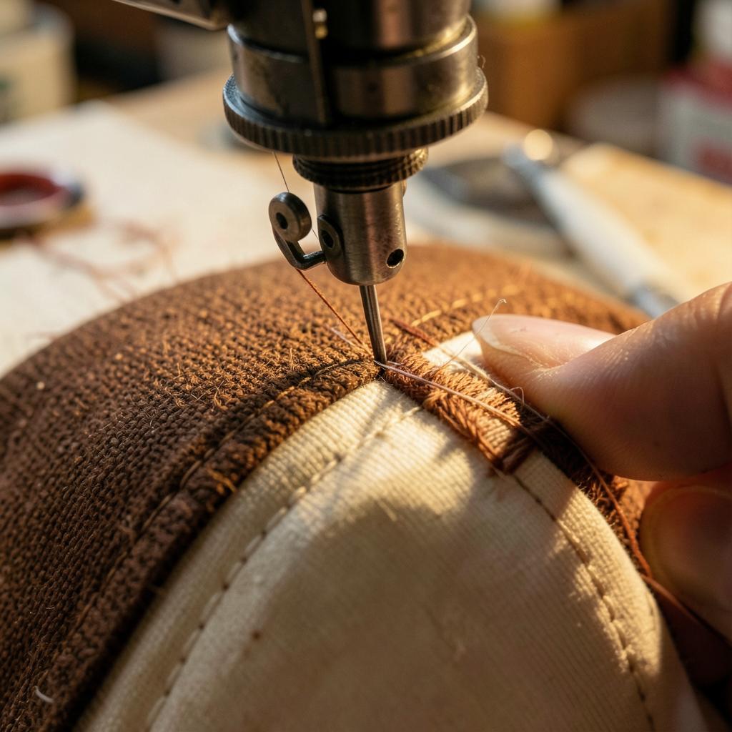 Máquina bordando puntada densa en panel de gorra